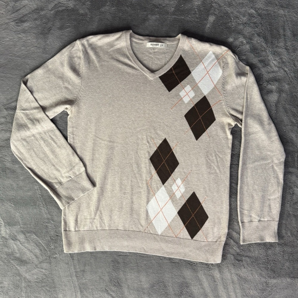 Old Navy High V-neck Sweater Mens‎ Lg Beige Argyle Light Academia Preppy Casual